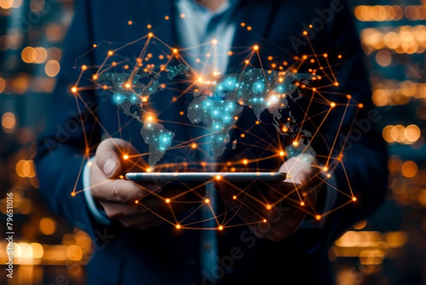 Obraz Businessman holding tablet with world map and global network connection cloud computing technology background concept