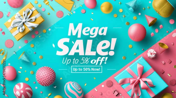 Obraz A vibrant turquoise background with bold white text "Mega Sale! Up to 50% off! Shop Now!"