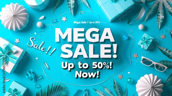 Obraz A vibrant turquoise background with bold white text "Mega Sale! Up to 50% off! Shop Now!"