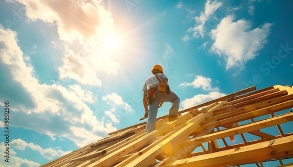 Fototapeta Roofer carpenter working on roof on construction site outdoors with sun flare and blue sky and copy space