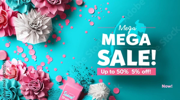 Obraz A vibrant turquoise background with bold white text "Mega Sale! Up to 50% off! Shop Now!"