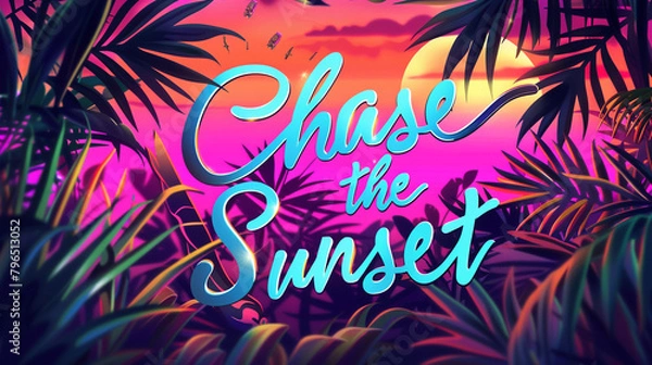 Obraz A vibrant tropical sunset setting with the quote "Chase the Sunset" in adventurous lettering.