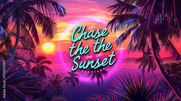 Obraz A vibrant tropical sunset setting with the quote "Chase the Sunset" in adventurous lettering.