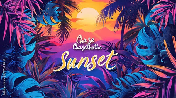 Obraz A vibrant tropical sunset setting with the quote "Chase the Sunset" in adventurous lettering.