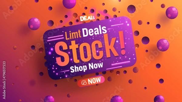 Obraz A vibrant tangerine backdrop with shimmering purple text showcasing "Hot Deals - Limited Stock!" and "Shop Now" in attention-grabbing bold font.
