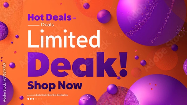 Obraz A vibrant tangerine backdrop with shimmering purple text showcasing "Hot Deals - Limited Stock!" and "Shop Now" in attention-grabbing bold font.