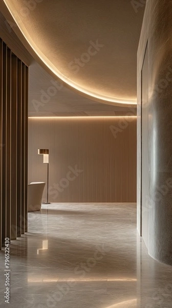 Fototapeta A Vertical Image Of A Modern Living Room With Sleek Light Lines And Minimalist Furnishing Aesthetic Design. 