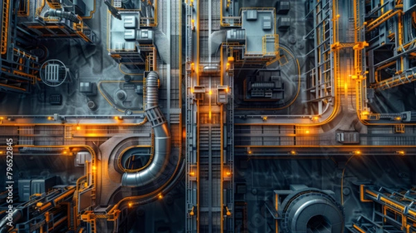 Obraz Top-down view of intricate conveyor system in large warehouse with no personnel.