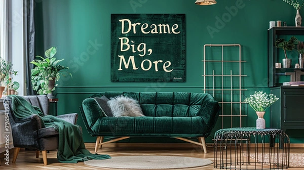 Obraz An elegant emerald canvas with the emphatic quote "Dream Big, Sparkle More"