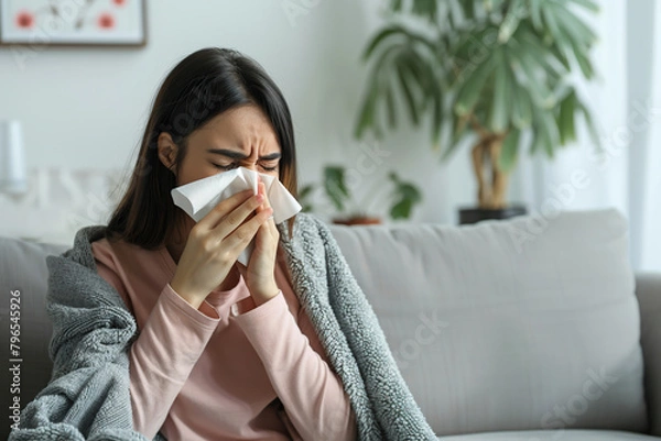 Fototapeta Young sick woman with cold or flue sitting on grey couch, holding a tissue to clear, blowing runny nose. Sneezing Girl under gray plaid blanket with handkerchief to dripping nose, blowing snot at home