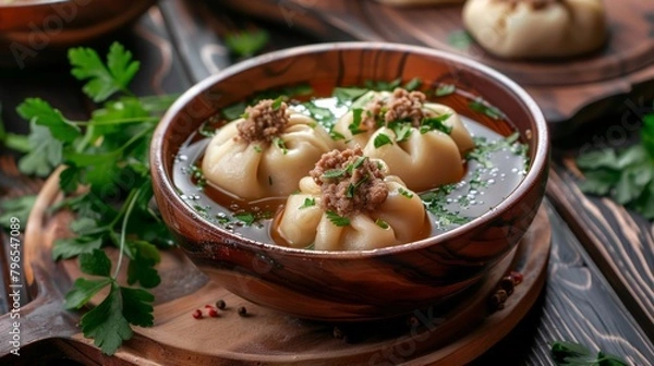 Fototapeta Minced meat in dough bags in chicken broth 