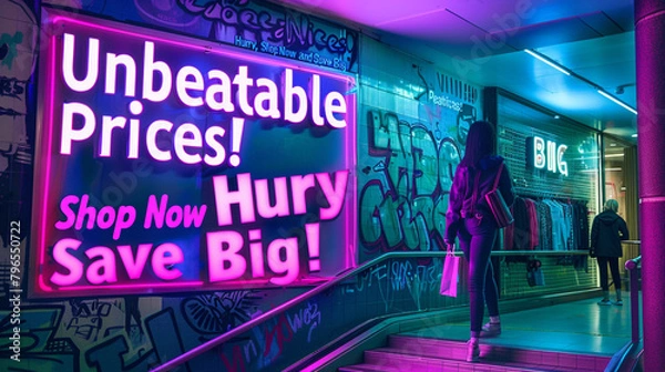 Obraz An electrifying neon green canvas with eye-catching pink text "Unbeatable Prices! Hurry, Shop Now and Save Big!"