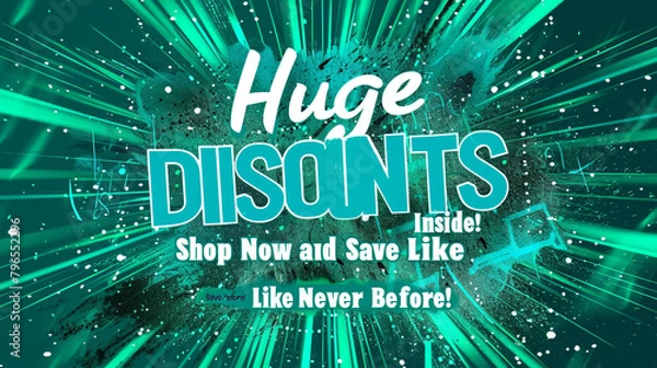 Obraz An electrifying emerald green background with bold turquoise font "Huge Discounts Inside! Shop Now and Save Like Never Before!"