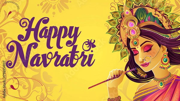 Obraz An auspicious yellow background adorned with "Happy Navratri" in intricate, purple typography