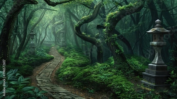 Obraz A forest path with a stone lantern on each side