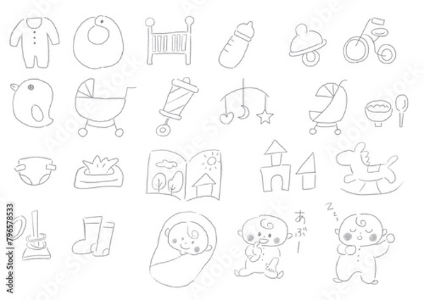 Fototapeta ベビー用品と赤ちゃんのイラスト素材集_モノクロの線画