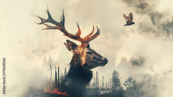 Fototapeta Double exposure deer with large antlers made of fire standing in front of an oil plant and trees burning around it. The concept of environmental protection from industrial factories and forest burning