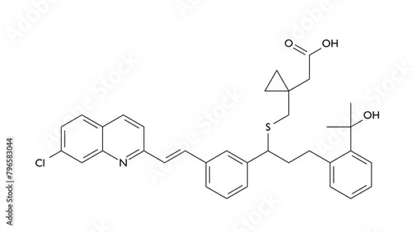 Fototapeta montelukast molecule, structural chemical formula, ball-and-stick model, isolated image leukotriene modifiers