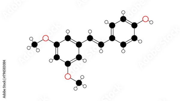 Fototapeta pterostilbene molecule, structural chemical formula, ball-and-stick model, isolated image stilbenoids