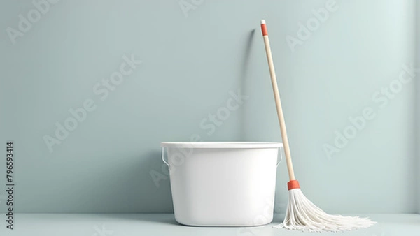 Fototapeta A white bucket with a mop leaning on it