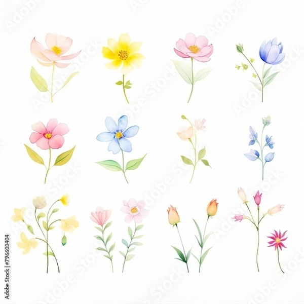 Fototapeta A charming depiction of a series of different flowers, each in full bloom, illustrated in watercolor clipart style, vibrant and inviting, isolated gracefully on a white background