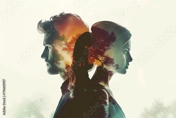 Fototapeta A couple silhouette double exposure background , in marriage clash, Navigating Marriage Tensions on the Brink of Separation