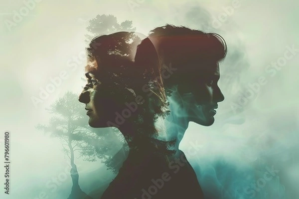 Fototapeta A couple silhouette double exposure background , in marriage clash, Navigating Marriage Tensions on the Brink of Separation