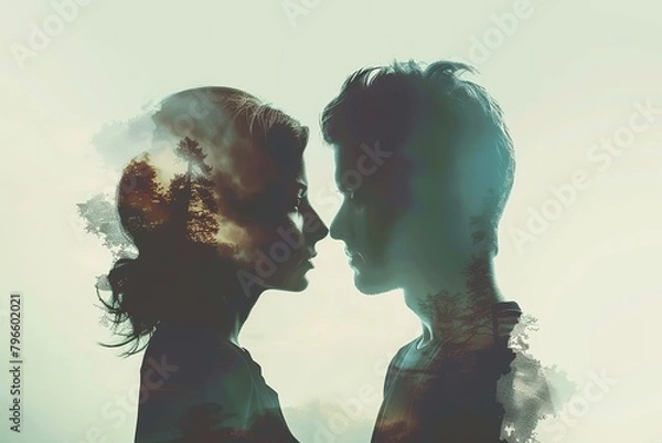 Fototapeta A couple silhouette double exposure background , in marriage clash, Navigating Marriage Tensions on the Brink of Separation