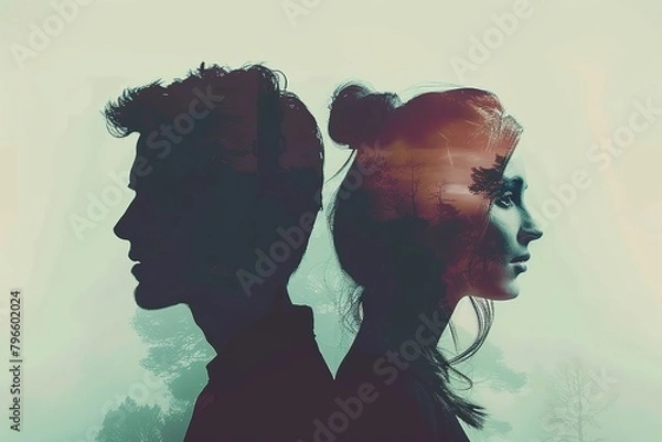 Fototapeta A couple silhouette double exposure background , in marriage clash, Navigating Marriage Tensions on the Brink of Separation