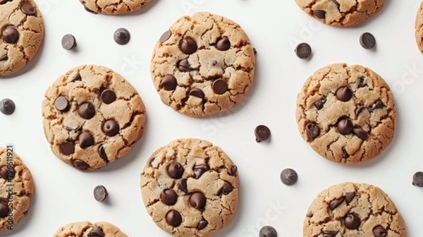 Fototapeta Top view of healthy homemade chocolate chip cookies using whole wheat flour and dark chocolate chips, less sugar, isolated on a clean background, studio lighting