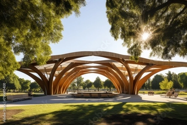 Fototapeta An Open-Concept Pavilion with Wooden Beams, Nestled in a Lush Green Park, Under a Clear Blue Sky