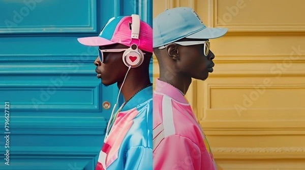 Obraz African American man in tracksuit, cap, sunglasses and headphones in 80s retro style