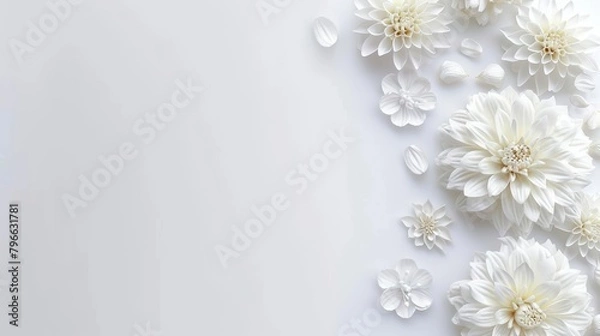 Fototapeta White dahlia flowers on white background. Flat lay, top view