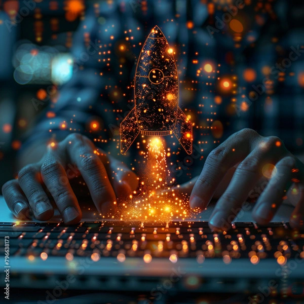 Fototapeta Startup business concept, Businessman use laptop with virtual screen of rocket icon and up arrow for fast start up business. Strategic planning and business success ai technology