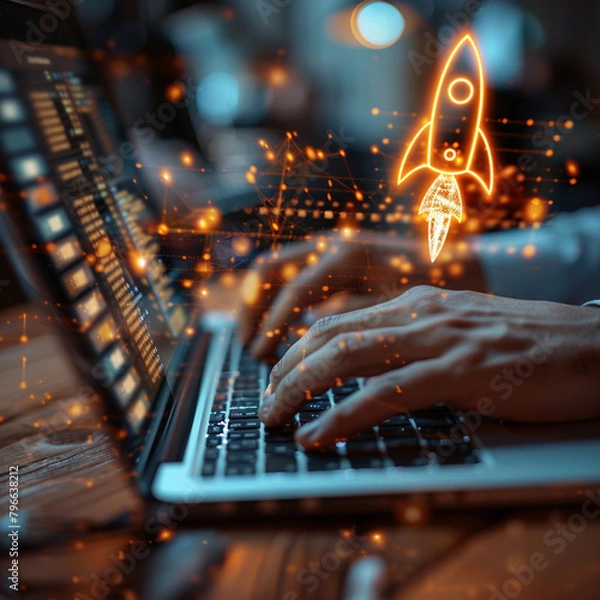 Obraz Startup business concept, Businessman use laptop with virtual screen of rocket icon and up arrow for fast start up business. Strategic planning and business success ai technology