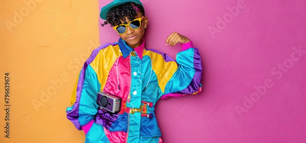 Obraz Young African American woman in a bright multi-colored tracksuit in retro 90s style, banner