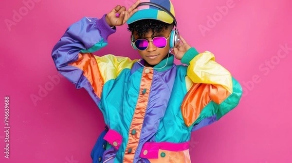 Obraz Young African American woman in a bright multi-colored tracksuit in retro 90s style, banner