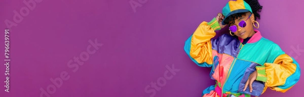 Obraz Young African American woman in a bright multi-colored tracksuit in retro 90s style, banner