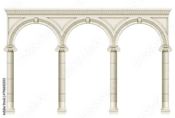 Obraz Antique white colonnade with Ionic columns. Three arched entrance or niche. Vector graphics