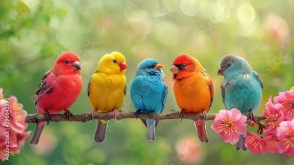 Fototapeta Colorful birds perched on branch