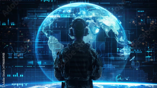 Obraz Monitoring and managing security technology in a military surveillance hub headquarters. Concept Military Surveillance