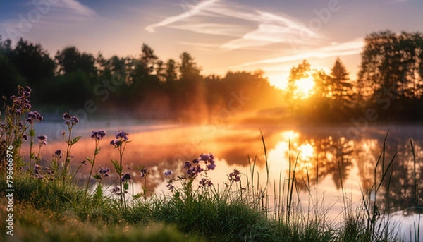 Obraz Letni poranek nad jeziorem. Generative AI