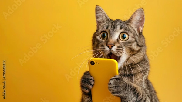 Fototapeta Cute cat shocked hold in hands use mobile cell phone isolated on yellow color background. Funny shopping concept, little kitten holds phone surprised