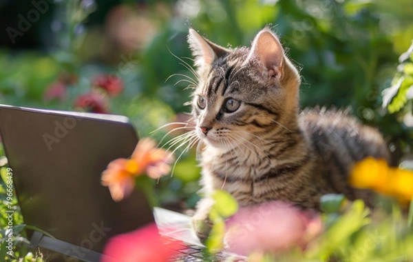 Fototapeta Cute cat relaxing at park with laptop. Happy kitten shopping outside. Funny creative concept for advert, poster, app, web, online sale