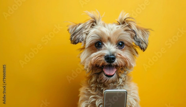 Fototapeta Funny puppy dog shocked hold mobile cell phone isolated on yellow background. Cute dog holds phone surprised shopping concept. For advert, poster, app, web, sale