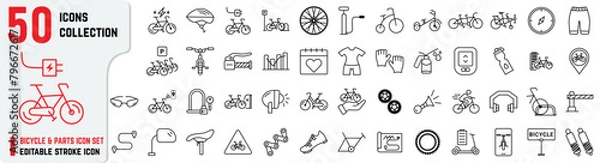 Obraz Set of Bicycle and Parts editable stroke icons also includes repair, Pino Tandem, charging, service, mirror, horn, brake icons. Electric Bicycle 50+ thin icon collections