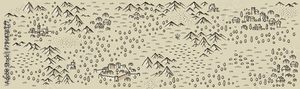 Fototapeta Medieval map horizontal format. Middle Ages kingdom map for board game. Hand drawn vector.