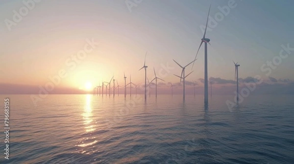 Obraz Landscape Windmills over river. Wind turbines for power generation before sunset
