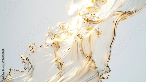 Obraz abstract translucent flowing fluid waves white tones frosted glass with gold accent edge on white background in style luxury, minimal, modern.