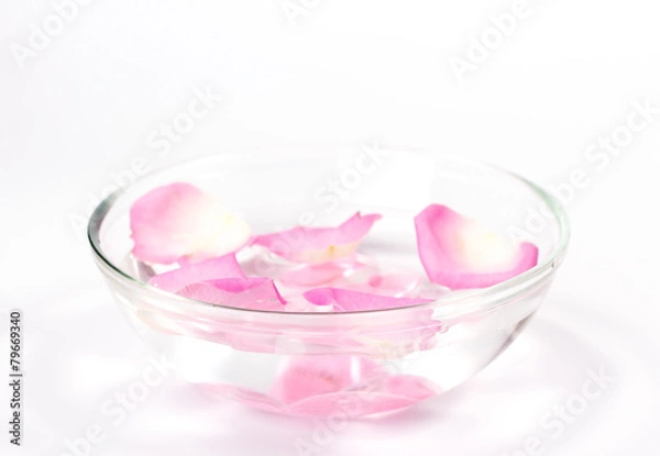 Fototapeta Infused water with rose petals in a reflection bowl